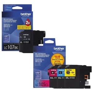 New, Pre-Owned - Brother LC107XXL Black & LC105XXL Cyan, Magenta & Yellow Ink Cartridges