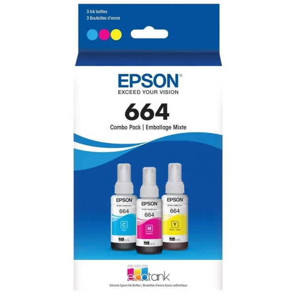 New, Pre-Owned - Epson (T664) Ultra High-Yield Multi-Color 3-Pack Ink Bottle, T664520-S