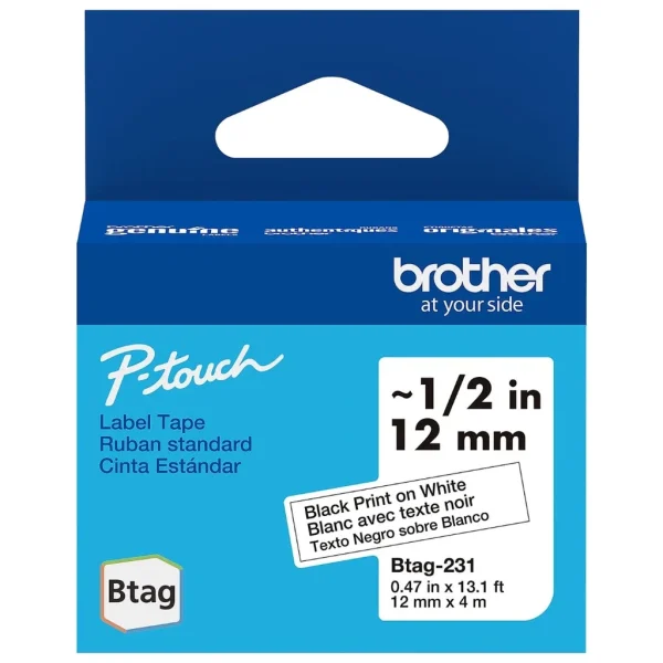 New, Pre-owned, Brother P-Touch Btag BTAG-231 Black on White Label Tape ~1/2in by 13.1ft (12mm x 4m).
