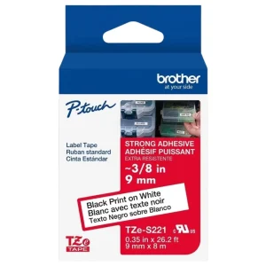 New, Pre-owned, Original Brother TZS221 3/8in (9MM) Black on White Industrial Tape for P-Touch Label Printers