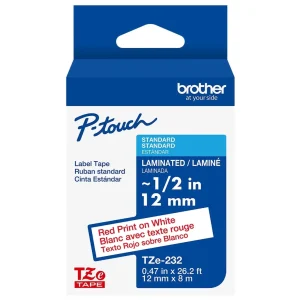 New, Pre-owned, Brother P-Touch TZE-232 Tape, 1/2" (0.47 mm) Standard Laminated P-Touch Tape, Red on White Laminated ...