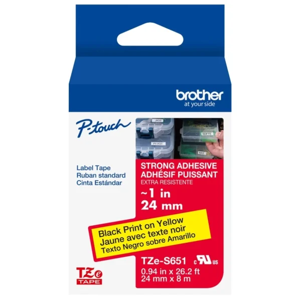 New, Pre-owned, Brother Genuine P-touch TZE-S651 Tape, 1" (0.94") Wide Extra-Strength Adhesive Laminated Tape, Black ...