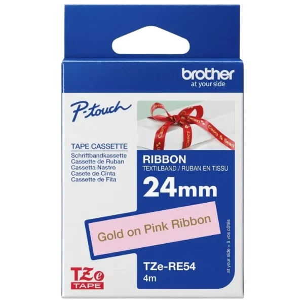 New, Pre-owned, Original Brother textile tape TZe-RE54 gold on pink - 24 mm wide, 4 meters long (including for P-touc...