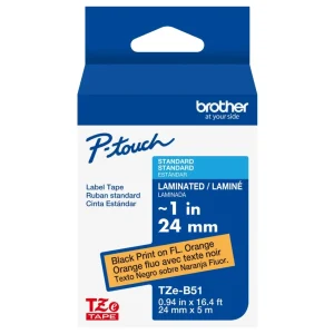 New, Pre-owned, Brother P-Touch TZE-B51 Tape, 1" (0.94") Wide Standard, Black on Fluorescent Orange, Laminated Tape