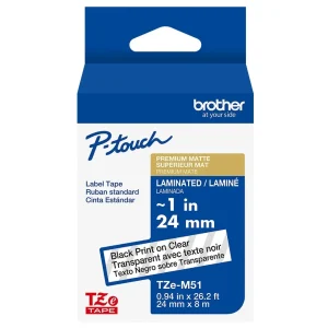 New, Pre-owned, Original Brother P-touch TZe-M51 Black Print on Matte Clear Laminated Tape 24mm (0.94”) wide x 8m (26...