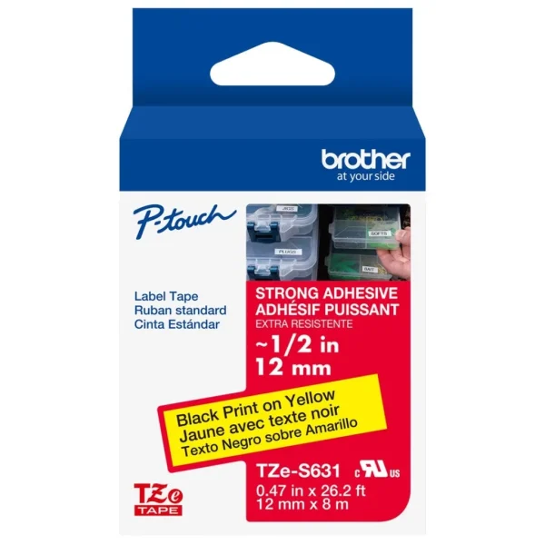 New, Pre-owned, Genuine Brother P-Touch, Black on Yellow Extra Strength Adhesive Laminated Tape TZe-S631 0.47" (12mm)...