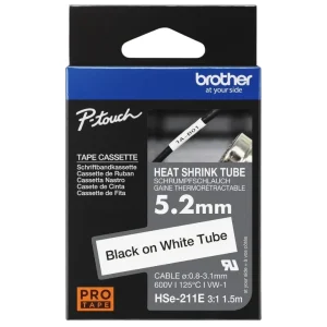 New, Pre-owned, Genuine Brother HSE-211E Heat Shrink Tape, Black On White, 5.22mm x 1.5m