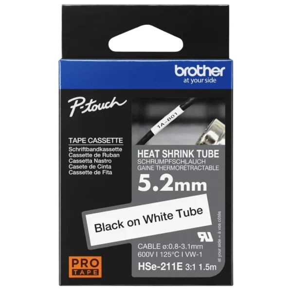 New, Pre-owned, Genuine Brother HSE-211E Heat Shrink Tape, Black On White, 5.22mm x 1.5m