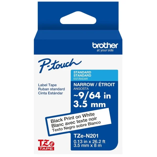 New, Pre-owned, Genuine Brother P-Touch TZE-N201 Super-Narrow Black on White Non-Laminated Tape, , 0.13" x 26.2' (3.5...