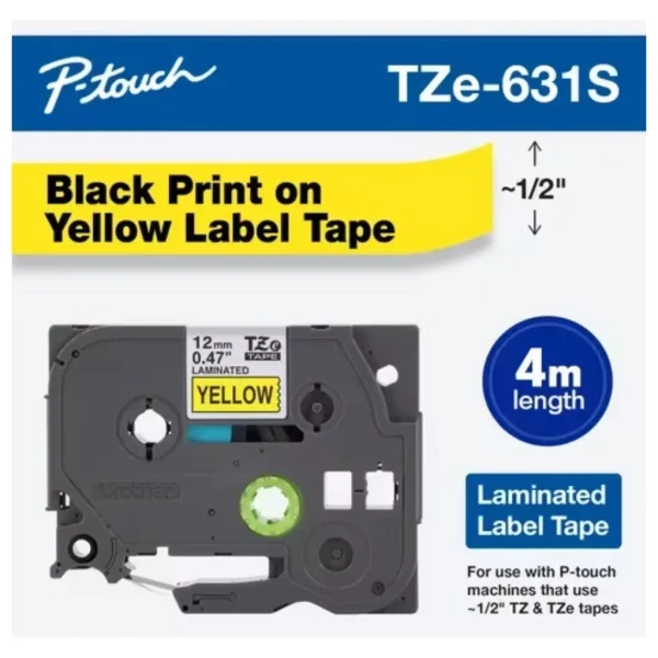 New, Pre-owned, Genuine Brother P-Touch TZe-631S Black on Yellow Laminated Label Tape