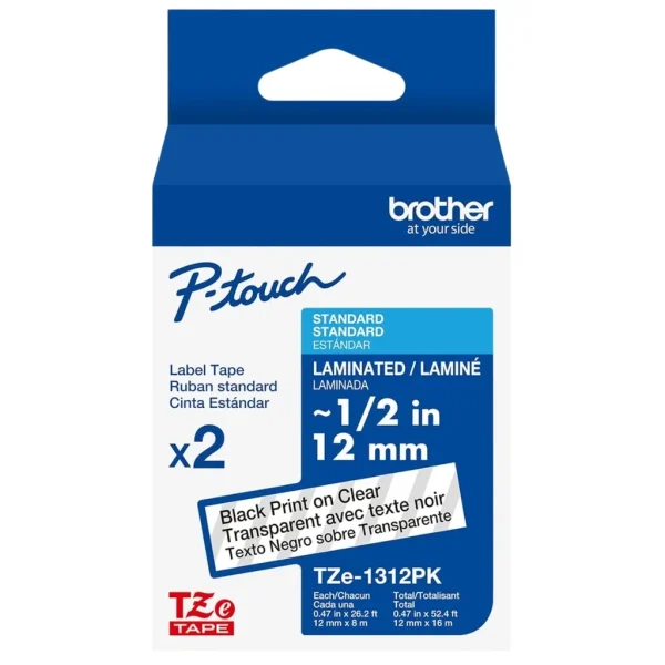 New, Pre-owned, Original Brother P-touch TZe-131 Laminated Label Maker Tape, 1/2" x 26-2/10', Black on Clear, 2/Pack ...