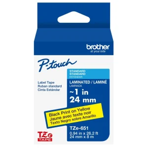 New, Pre-owned, Genuine Brother P-Touch, TZe-651 Extra Strength Adhesive, Black on Yellow Tape 24mm x 8m
