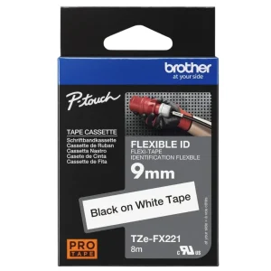 New, Pre-owned, Genuine Brother TZe-FX221 Black on White Flexible ID Laminated Tape for P-touch Label Makers, 9 mm wi...