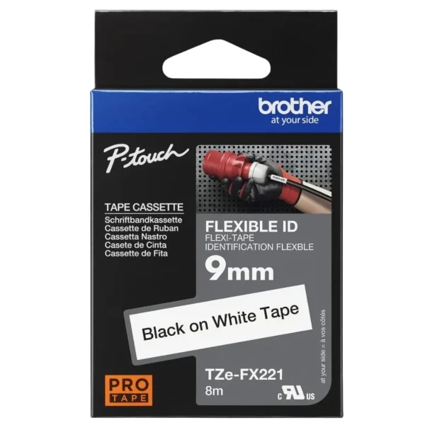 New, Pre-owned, Genuine Brother TZe-FX221 Black on White Flexible ID Laminated Tape for P-touch Label Makers, 9 mm wi...