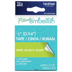 New, Pre-owned, Original Brother P-Touch Embellish White Print on Lime Green Tape TZE-MQG55M - ~1" Wide x 13.1’ Long ...