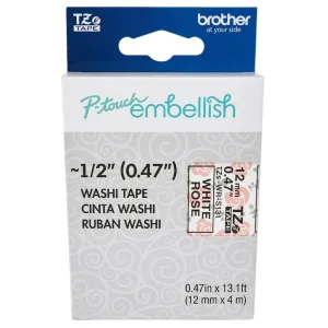 New, Pre-owned, Original Brother P-Touch Embellish Black Print on White Rose Washi Tape TZeMT3115 - ~~½” Wide x 13.1’...