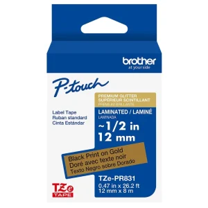 New, Pre-owned, Original Brother TZe-PR831 12mm (0.47") Black on Premium Glitter Gold Laminated Labeling Tape for P-t...
