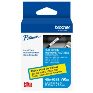 New, Pre-owned, Original Brother HSE-631E Heat Shrink Tape, Black On Yellow, 11.2mm x 1.5m