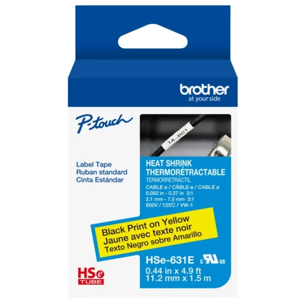 New, Pre-owned, Original Brother HSE-631E Heat Shrink Tape, Black On Yellow, 11.2mm x 1.5m