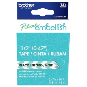 New, Pre-owned, Original Brother P-Touch Embellish Black Print on Mint Chevron Pattern Tape TZEMPMC31 – ~½” Wide x 13...