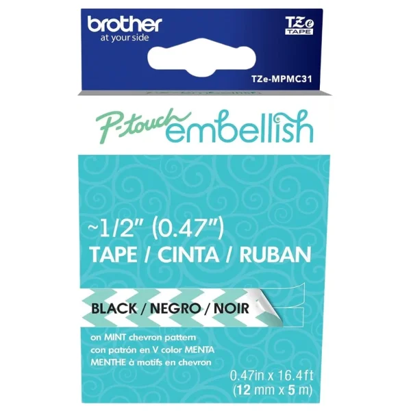 New, Pre-owned, Original Brother P-Touch Embellish Black Print on Mint Chevron Pattern Tape TZEMPMC31 – ~½” Wide x 13...