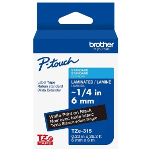 New, Pre-Owned, Genuine Brother P-Touch TZe White Print on Black Label Tape (TZe315), Laminated,1/4in x 26.2ft (6mm x...