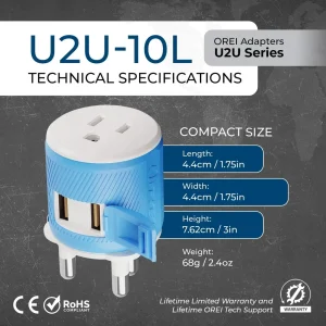 South Africa, Botswana Travel Adapter - 3 in 1 - 2 USB - Type M - Compact Design (U2U-10L) - view 5