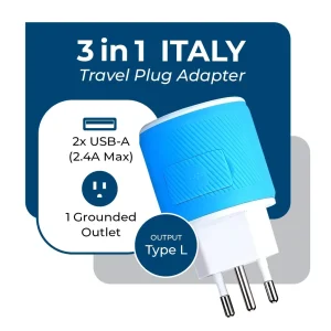 Italy, Uruguay Travel Adapter - 3 in 1 - 2 USB - Type L - Compact Design (U2U-12A) - view 3