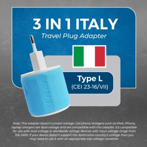 Italy, Uruguay Travel Adapter - 3 in 1 - 2 USB - Type L - Compact Design (U2U-12A) - view 4