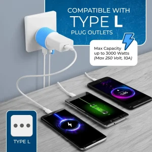Italy, Uruguay Travel Adapter - 3 in 1 - 2 USB - Type L - Compact Design (U2U-12A) - view 6