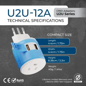 Italy, Uruguay Travel Adapter - 3 in 1 - 2 USB - Type L - Compact Design (U2U-12A) - view 8
