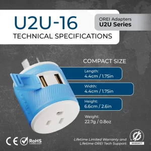 Australia, New Zealand Travel Adapter - 3 in 1 - 2 USB - Type I - Compact Design (U2U-16) - view 8