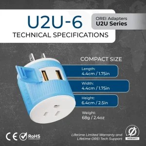 Japan, Philippines Travel Adapter - 3 in 1 - 2 USB - Type A - Compact Design (U2U-6) - view 8
