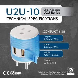 India, Nepal Travel Adapter - 3 in 1 - 2 USB - Type D - Compact Design (U2U-10) - view 5