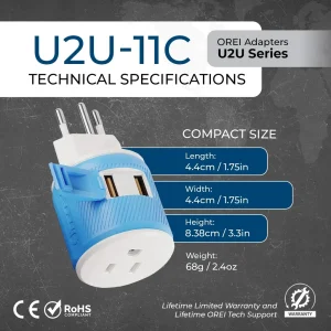 Brazil Travel Adapter - 3 in 1 - 2 USB - Type N - Compact Design (U2U-11C) - view 7