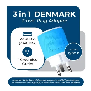 Denmark Travel Adapter - 3 in 1 - 2 USB - Type K - Compact Design (U2U-20) - view 2