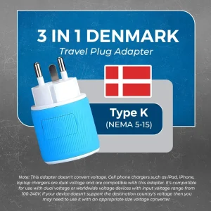 Denmark Travel Adapter - 3 in 1 - 2 USB - Type K - Compact Design (U2U-20) - view 4