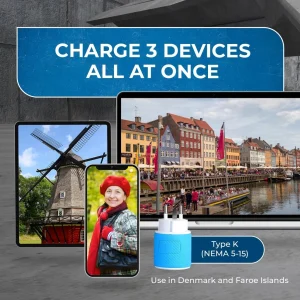 Denmark Travel Adapter - 3 in 1 - 2 USB - Type K - Compact Design (U2U-20) - view 5