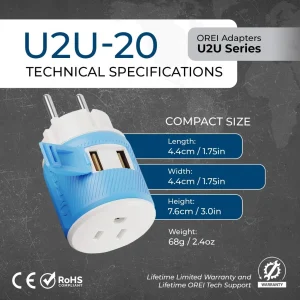 Denmark Travel Adapter - 3 in 1 - 2 USB - Type K - Compact Design (U2U-20) - view 8