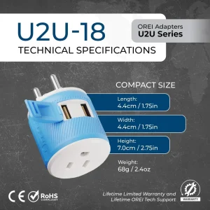Thailand Travel Adapter - 3 in 1 - 2 USB - Type O - Compact Design (U2U-18) - view 8