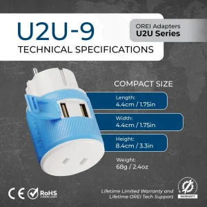 Europe, France Travel Adapter - 3 in 1 - 2 USB - Type E/F - Compact Design (U2U-9) - view 8