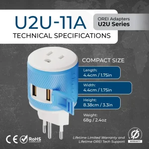 Switzerland Travel Adapter - 3 in 1 - 2 USB - Type J - Compact Design (U2U-11A) - view 5