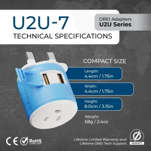 UK, Ireland Travel Adapter - 3 in 1 - 2 USB - Type G - Compact Design (U2U-7) - view 6