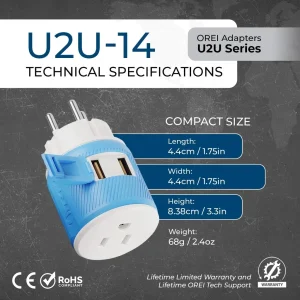 Palestine, Gaza, Israel Travel Adapter - 3 in 1 - 2 USB - Type H - Compact Design (U2U-14) - view 5