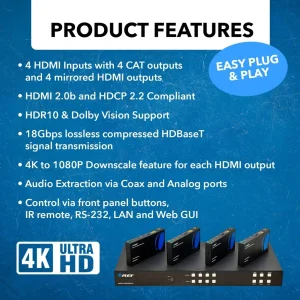 4K HDBaseT 4x4 HDMI™ Extender Matrix (Loop) - 400ft (cat6)- (UHD44-EXB400R-K) - view 7