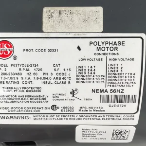 US Motors, Amana-Goodman P63TYCJE-2724 2 HP, 200-230/460V, 3 PH, 1,725 RPM, Frame 56HZ, Blower Replacement - view 3